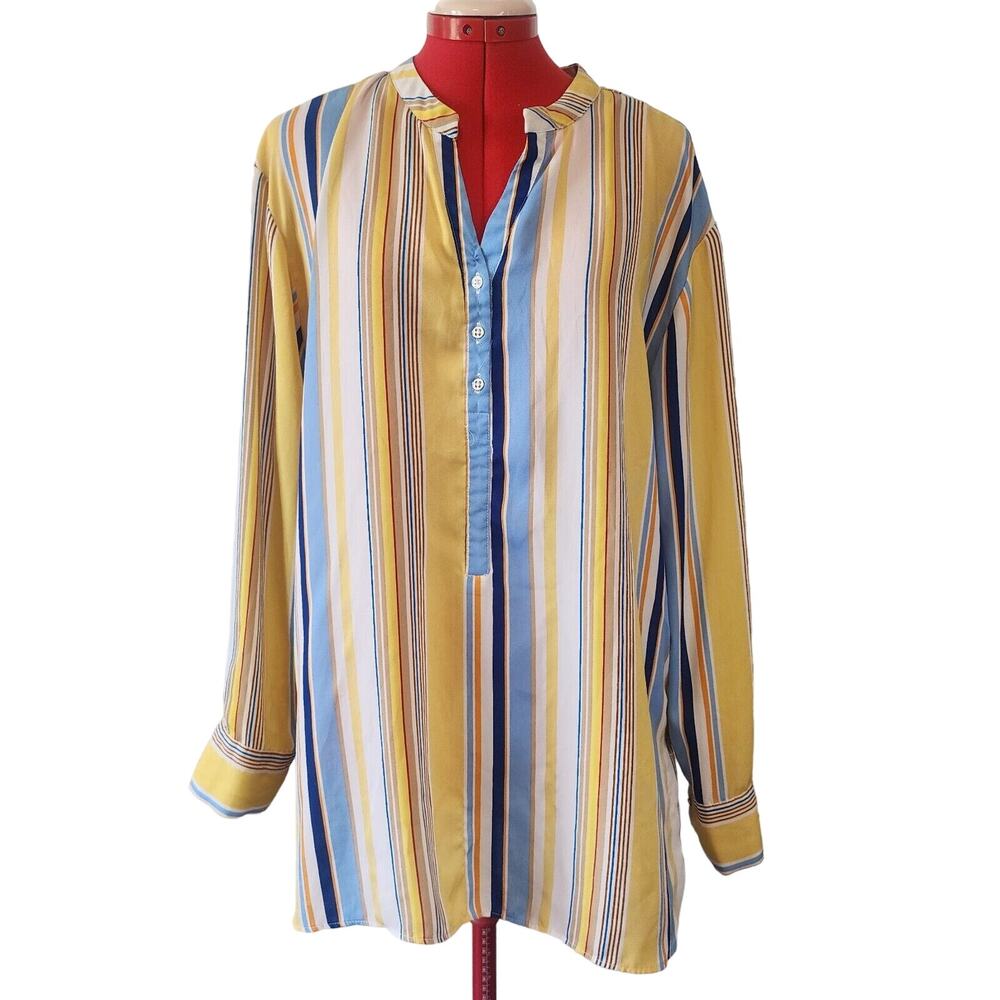 ZAC & RACHEL Yeklow Blue Striped Long Lightweight Tunic Blouse Size L